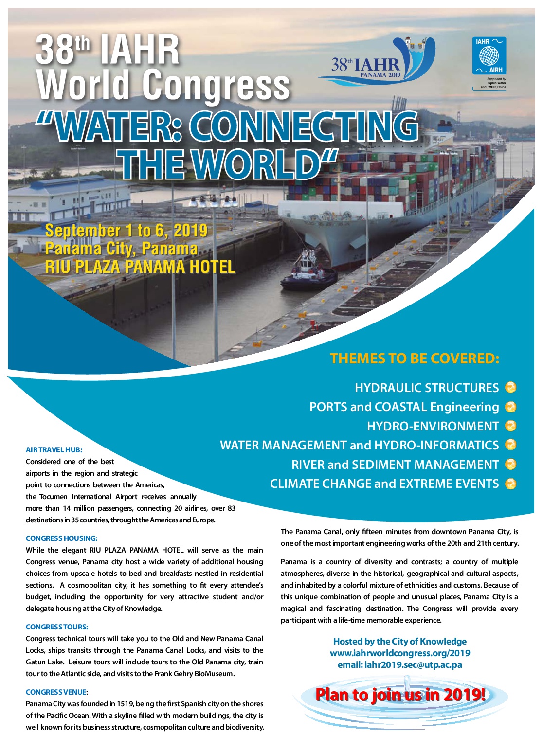 Afiche Informativo del Congreso "Water: Connectign the world" (el agua: conectando al mundo) Congreso Mundial de Hidráulica (IAHR) 2019. 38th World Congress
